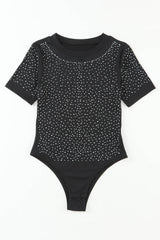 Black Rhinestone Allover Round Neck Short Sleeve Bodysuit