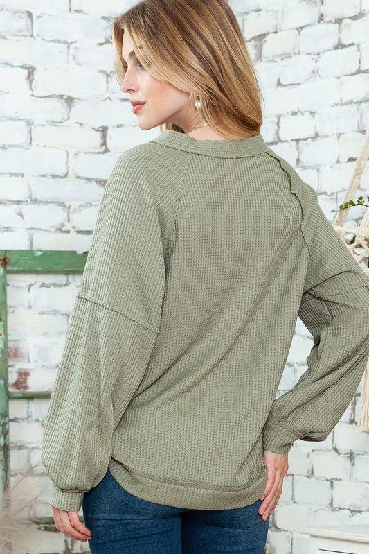 Green Exposed Seam Button Front Waffle Knit Cardigan