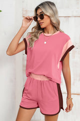 Rose Red Color Block Loose Fit Top and Elastic Waist Shorts Set