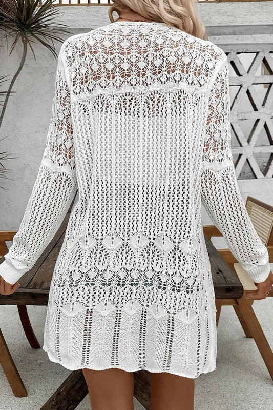 White Hollow Out Crochet Open Front Cardigan