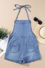 Black Denim Adjustable Knotted Straps Pocketed Romper