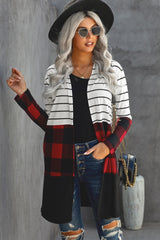 Fiery Red Plaid Colorblock Striped Cardigan