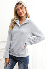 Light Grey Textured Knit Buttoned Kangaroo Pocket Sweatshirt