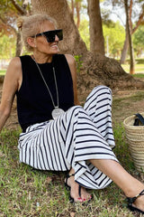 White Striped Casual Drawstring Wide Leg Pants with Pockets