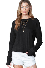 Green Plain Solid Casual Thumbhole Long Sleeve Top