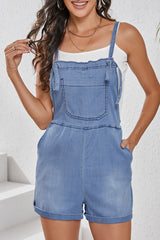 Black Denim Adjustable Knotted Straps Pocketed Romper