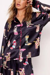 Black Boots Print Loose Shirt and Wide Leg Pajama Set