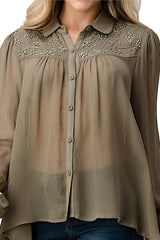 Mesh Blouse Shirt Top With Beaded Jewel Trim