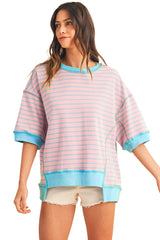 Pink Stripe Colorblock Drop Sleeve Oversized T Shirt