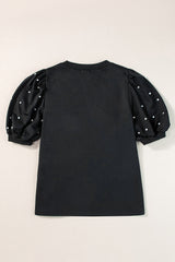 Black Rhinestone Pearl Puff Sleeve Plain T Shirt