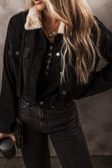 Black Fleece Lined Button-up Collared Crop Jacket