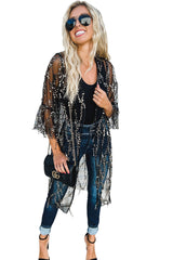 Black Sequin Sheer Casual Open Front Cover Up