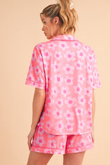 Pink 60s Flower Print Buttoned Shirt and Drawstring Waist Pajama Set