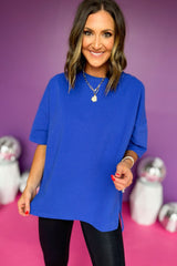 Dark Blue Solid Color Side Slit Tunic Top