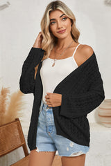 Black Hollow Out Crochet Knit Drop Shoulder Open Front Cardigan