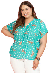 Green Cheetah Daisy Print V Neck Short Sleeve Plus Size Top