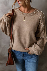 Smoke Gray Pearl Drop Shoulder Round Neck Sweater