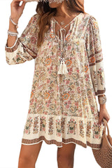 Apricot Floral Print Tassel Drawstring V Neck Loose Mini Dress