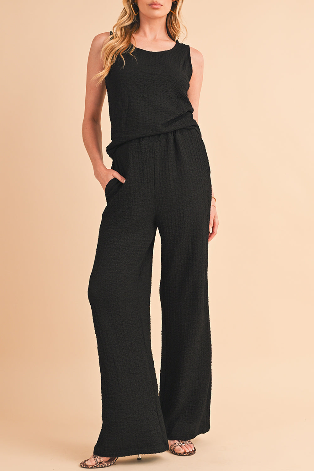 Black Crinkled U Neck Tank and Wide Leg Pants Set