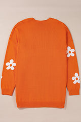 Orange 60s Flower Pattern Drop Shoulder Plus Size Cardigan