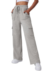 Light Grey Multi Pockets Lace Up High Waist Wide Leg Workout Pants