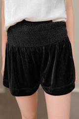 Black Velvet Smocked High Waist Shorts