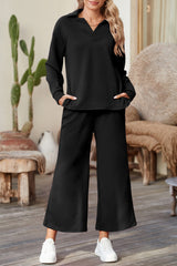 Black Plain Textured Collared V Neck Top and Wide Leg Pants Set