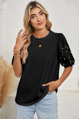 Black Rhinestone Pearl Puff Sleeve Plain T Shirt