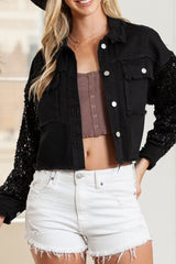 Black Sequin Sleeve Pocketed Raw Hem Denim Jacket