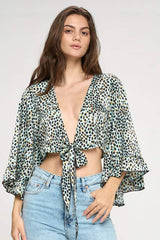 Animal Print Tie-Front Crop Top with Flared Sleeves