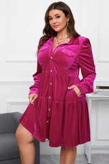 Rose Red Plus Size Velvet Long Sleeve Button-Up Tiered Dress