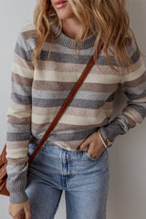 Gray Striped Ribbed Edge Round Neck Sweater