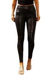 Black Casual Shiny Leopard Print Cropped Leggings