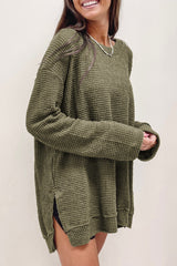 Khaki Plain Waffle Knit Drop Sleeve Side Slits Oversized Top