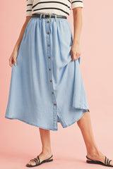 Mist Blue Fully Buttoned Long Denim Skirt