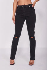 Charcoal Distressed Knee Rip Straight Leg Jeans