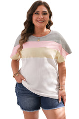 White Ribbed Color Block Patchwork Plus T Shirt