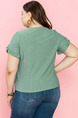 Laurel Green Petal Sleeve Jacquard V Neck Plus Size Blouse