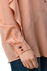 Ruffled Neck Button Front Shirts With Long Sleeves