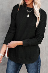 Black Crew Neck Ribbed Trim Knit Long Sleeve Top