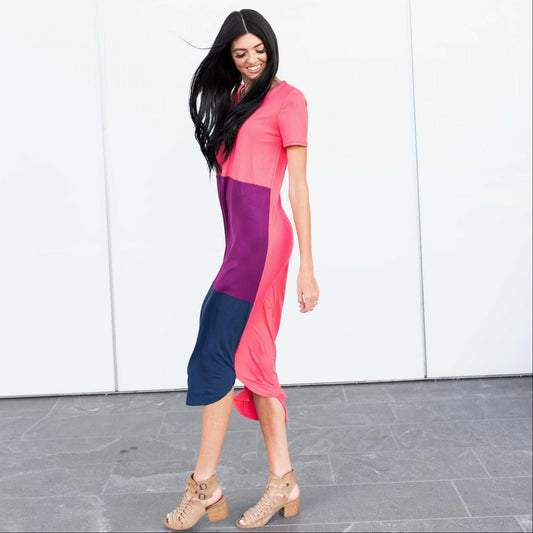 COLOR BLOCK MAXI DRESS WITH SHORT SLEEVE AND HI LOW