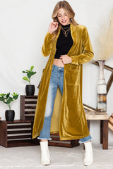 Green Velvet Elegant Pocket Open Front Long Cardigan