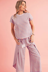 Black Stripe Rainbow Tee and Tassel Drawstring Wide Leg Pants Set