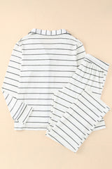 White Striped Print Long Sleeve Top & Drawstring Pants Pajamas Set