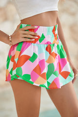 Green Abstract Print Smocked Waist Flared Shorts