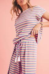 Black Stripe Rainbow Tee and Tassel Drawstring Wide Leg Pants Set