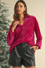 Pitaya Pink Velvet Buttoned V Neck Chest Pocket Shirt