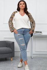 Beige Plus Size Waffle Knit Contrast Leopard Long Sleeve Top