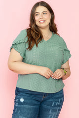 Laurel Green Petal Sleeve Jacquard V Neck Plus Size Blouse