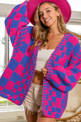 Orchid Petal Colorblock Checked Open Front Knitted Cardigan